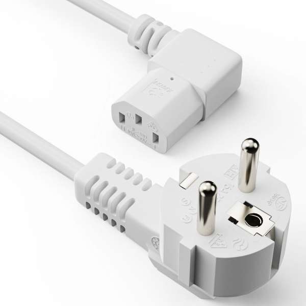Netzkabel - Schutzkontakt Stecker 90° auf IEC Buchse (C13) 90° rechts abgewinkelt. Weiß. 10,0m