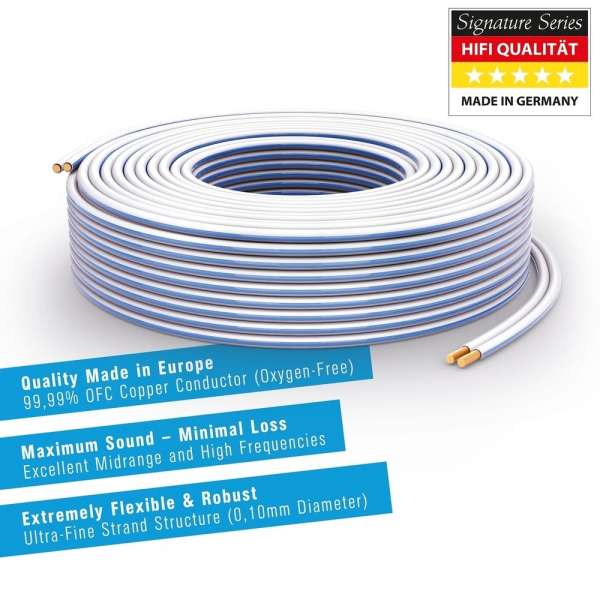 PureLink Lautsprecherkabel OFC 2x4,00mm² (0,10mm), 20,0m, weiß mit blauer Kennlinie