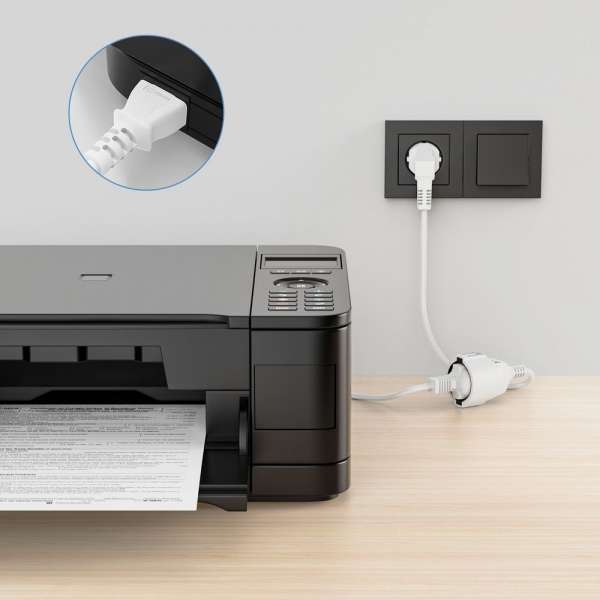 Netzkabel Verlängerung - Schutzkontakt Stecker 90° auf Sicherheits Buchse gerade. Weiß. 2,00m