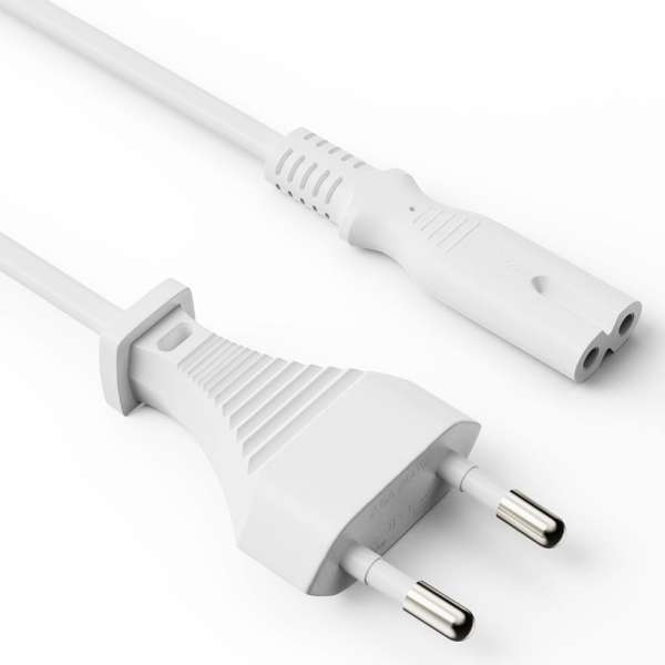 Netzkabel - Euro Stecker gerade auf IEC Buchse (C7) gerade. Weiß. 5,00m