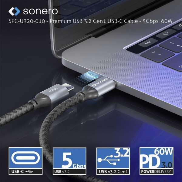 USB-C auf USB-C Kabel - 3.2 Gen 1, 5Gbps, 60W PD, DP Alt Mode - grau/schwarz - 1,00m