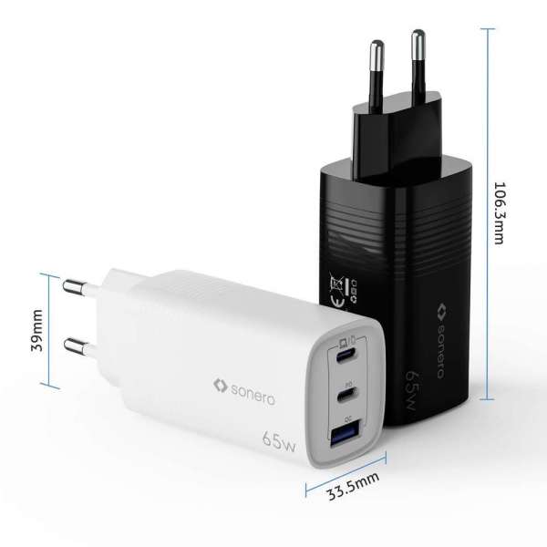 sonero USB-C & USB-A Ladegerät - 3 Port - 65W PD - schwarz