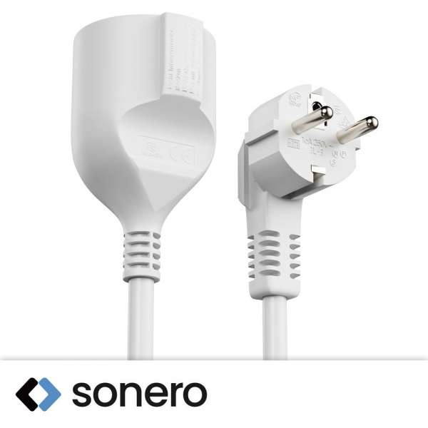 Netzkabel Verlängerung - Schutzkontakt Stecker 90° auf Sicherheits Buchse gerade. Weiß. 5,00m