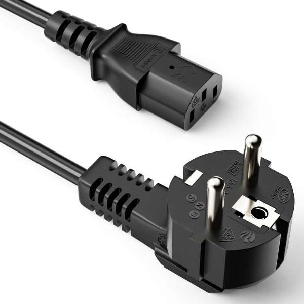 Netzkabel - Schutzkontakt Stecker 90° auf IEC Buchse (C13) gerade. Schwarz. 2,00m