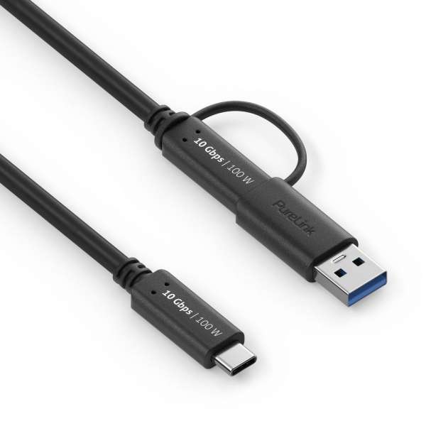 USB-C auf USB-C Kabel mit USB-A Aufsatz - 3.2 Gen 2x1, 5A, 10G, DP Alt Mode - iSerie - schwarz - 1,00m