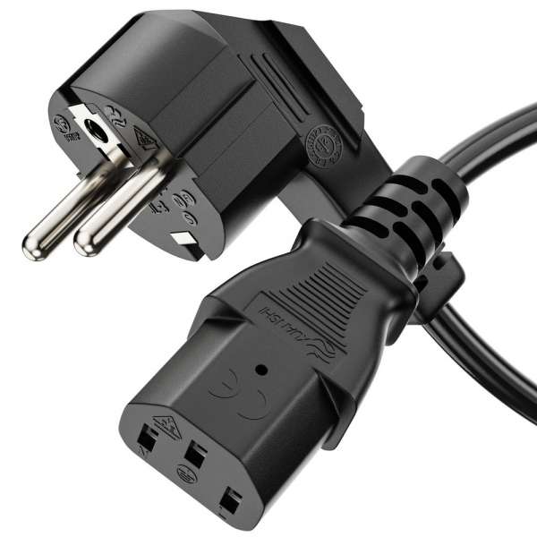 Netzkabel - Schutzkontakt Stecker 90° auf IEC Buchse (C13) gerade. Schwarz. 5,00m