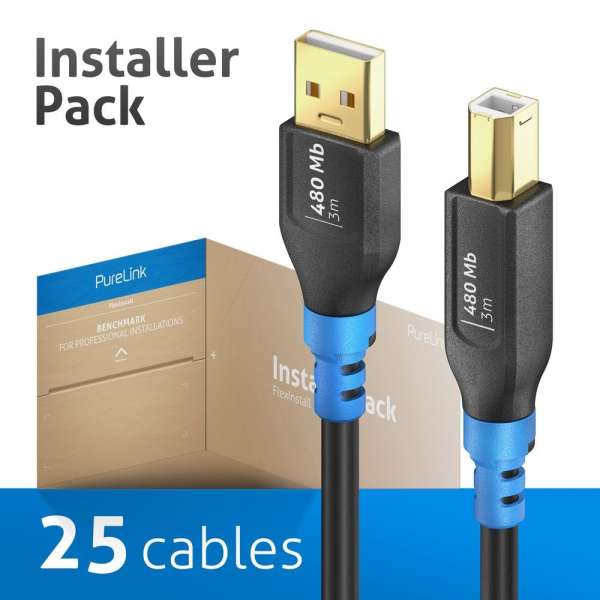 FlexInstall USB-A auf USB-B Kabel USB 2.0 480Mbps 3.00m - Installer Pack 25 stk.
