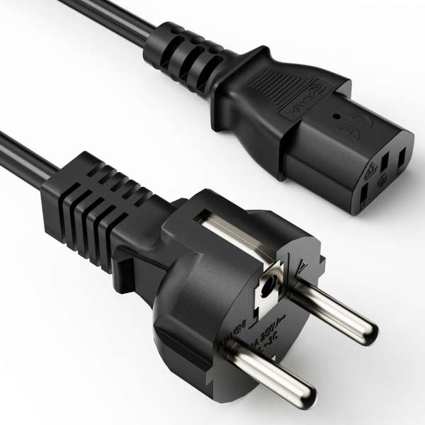 Netzkabel - Schutzkontakt Stecker gerade auf IEC Buchse (C13) gerade. Schwarz. 5,00m