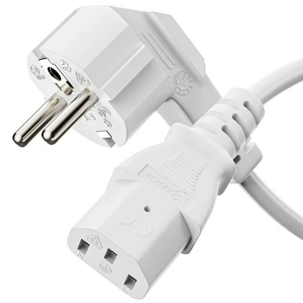 Netzkabel - Schutzkontakt Stecker 90° auf IEC Buchse (C13) gerade - 2.00m - weiß