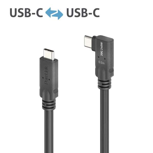 USB-C auf 90° USB-C Kabel (links/rechts) mit E-marker USB4 Gen2x2 20Gbps, 240W - PureInstall 0.50m