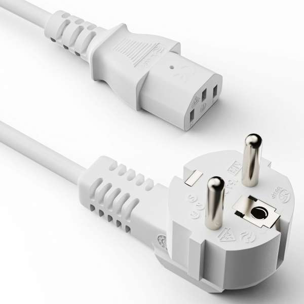 Netzkabel - Schutzkontakt Stecker 90° auf IEC Buchse (C13) gerade. Weiß. 10,0m
