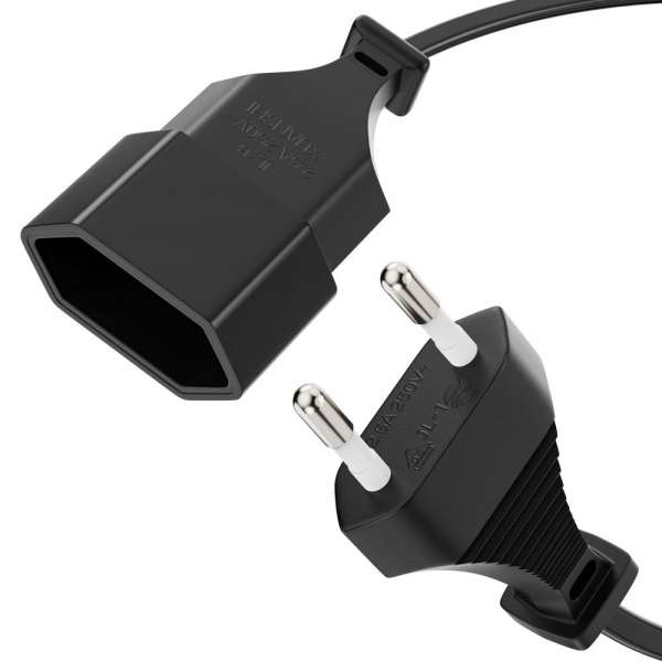 Netzkabel Verlängerung - Euro Stecker gerade auf Euro Buchse gerade. Schwarz. 1,00m