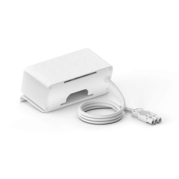 mediahub2 - 7 -Slot, freistehend, On-Table Design - weißes Gehäuse und mattweiße Module. 1 Steckdose + 65W PD-Modul + 3 Leerplätze. Buchse - DE. Stecker - Wieland GST18