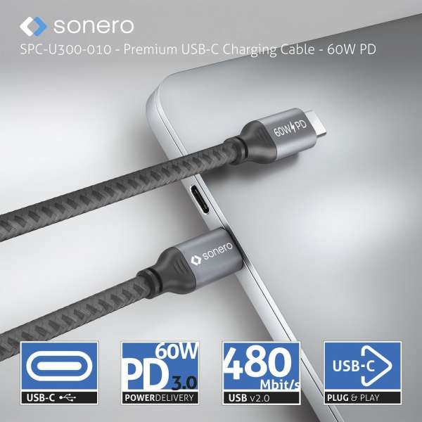 USB-C auf USB-C Ladekabel - USB 2.0, 60W PD - grau/schwarz - 3,00m