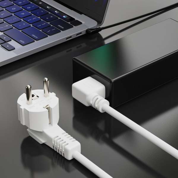 Netzkabel - Schutzkontakt Stecker 90° auf IEC Buchse (C13) 90° rechts abgewinkelt. Weiß. 5,00m