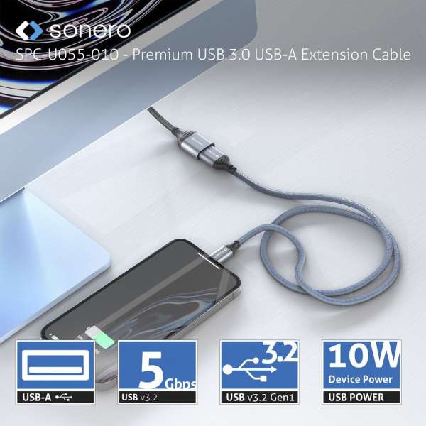 sonero USB 3.0 Kabel - A/A Verlängerung - Aluminium - space grey/schwarz - 1,00m