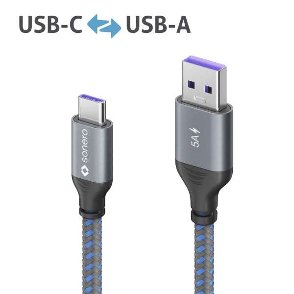 USB-C auf USB-A Ladekabel - USB 2.0, Super-Fast Charge 5V/5A - grau/blau - 0,25m