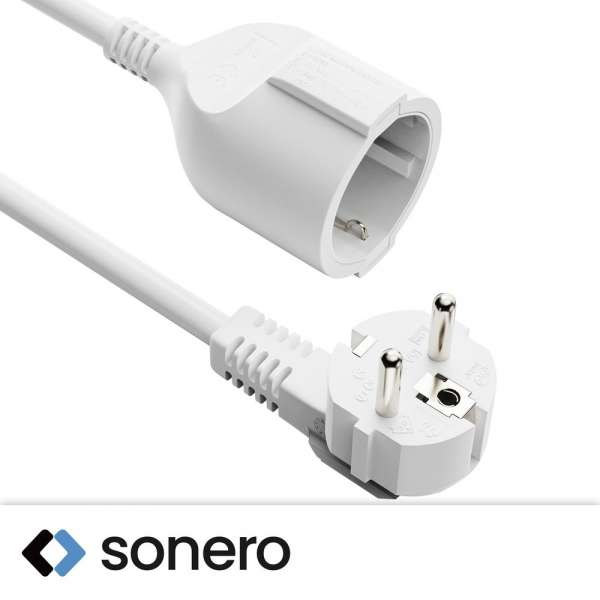 Netzkabel Verlängerung - Schutzkontakt Stecker 90° auf Sicherheits Buchse gerade. Weiß. 15,0m