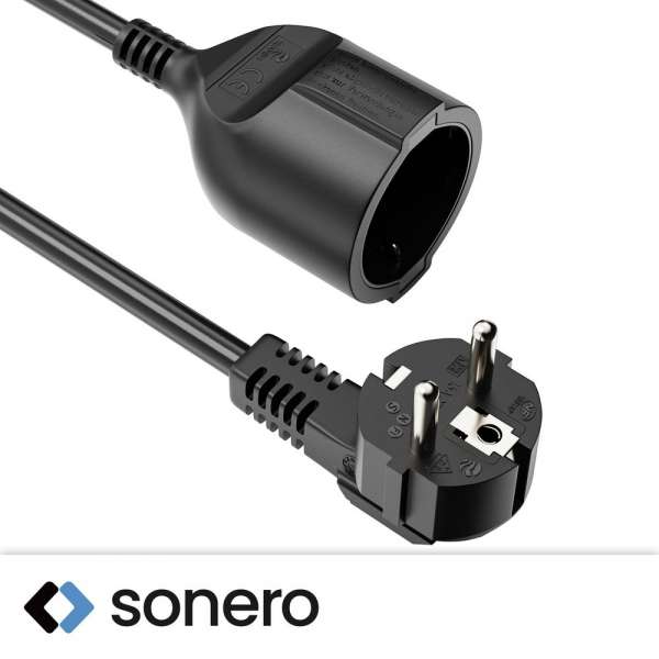 Netzkabel Verlängerung - Schutzkontakt Stecker 90° auf Sicherheits Buchse gerade. Schwarz. 2,00m