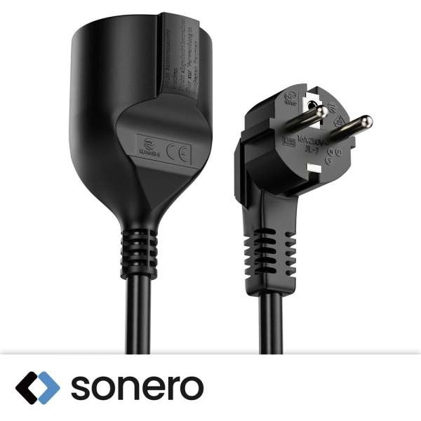 Netzkabel Verlängerung - Schutzkontakt Stecker 90° auf Sicherheits Buchse gerade. Schwarz. 10,0m