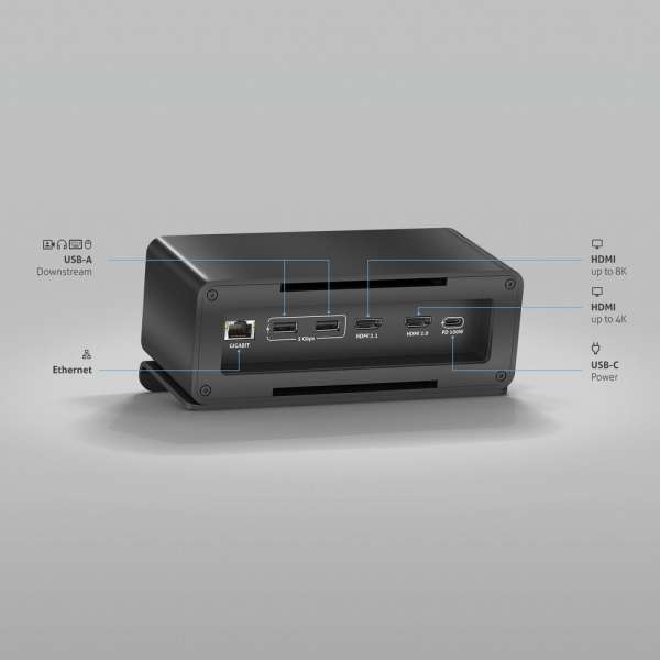 mediahub2 - USB-C Docking Station, freistehend, Tischmodell - schwarzes Gehäuse und matt-schwarze Module.