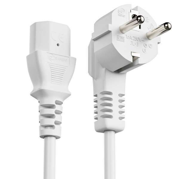 Netzkabel - Schutzkontakt Stecker 90° auf IEC Buchse (C13) gerade - 2.00m - weiß