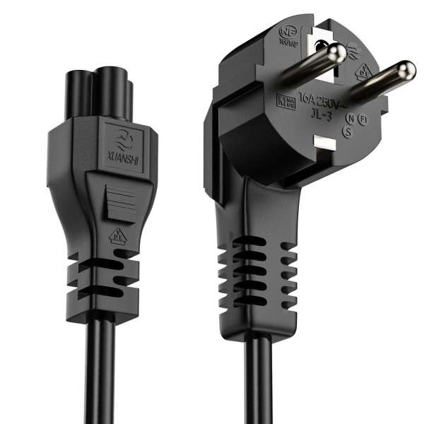 Netzkabel - Schutzkontakt Stecker 90° auf IEC Buchse (C5) gerade. Schwarz. 3,00m