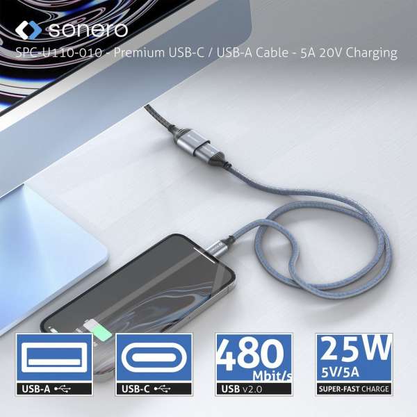 USB-C auf USB-A Ladekabel - USB 2.0, Super-Fast Charge 5V/5A - grau/blau - 2,00m