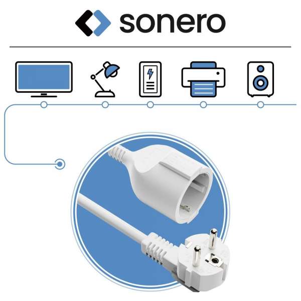 Netzkabel Verlängerung - Schutzkontakt Stecker 90° auf Sicherheits Buchse gerade. Weiß. 5,00m