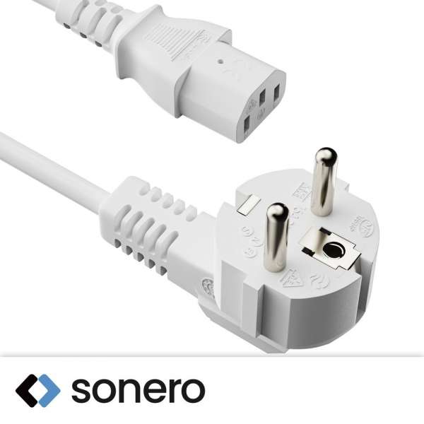 Netzkabel - Schutzkontakt Stecker 90° auf IEC Buchse (C13) gerade. Weiß. 10,0m