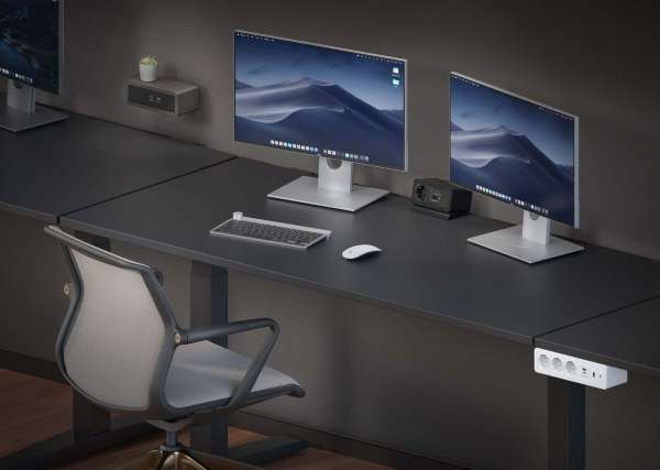 mediahub2 - 7 -Slot, freistehend, On-Table Design - weißes Gehäuse und mattweiße Module. 2 Steckdosen + 3 Leerplätze. Buchse - DE. Stecker - Wieland GST18