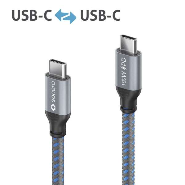 USB-C auf USB-C Ladekabel - USB 2.0, 100W PD - grau/blau - 1,00m