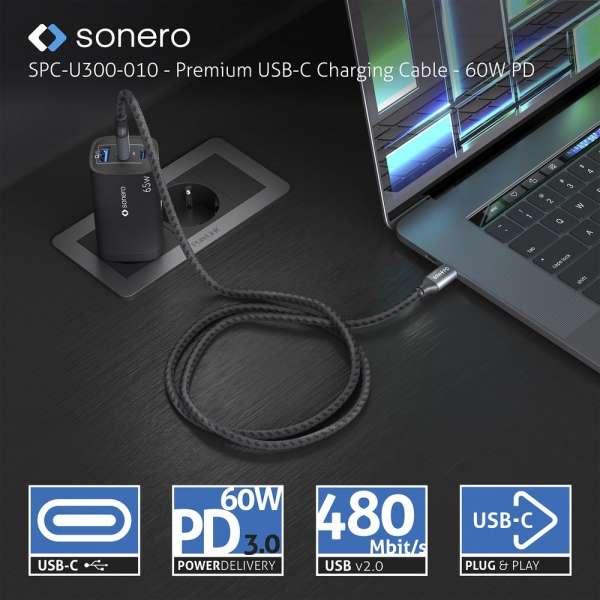 USB-C auf USB-C Ladekabel - USB 2.0, 60W PD - grau/schwarz - 1,50m