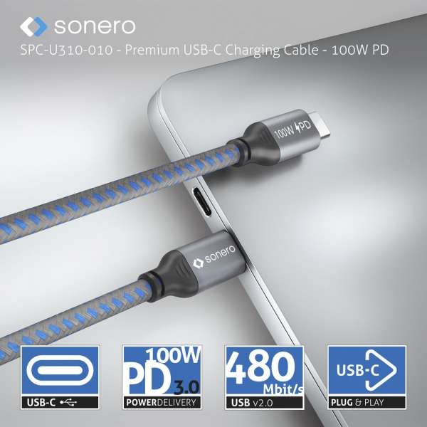 USB-C auf USB-C Ladekabel - USB 2.0, 100W PD - grau/blau - 0,50m