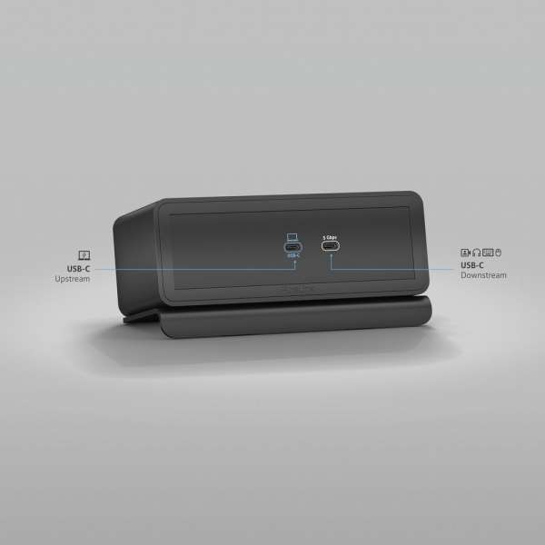 mediahub2 - USB-C Docking Station, freistehend, Tischmodell - schwarzes Gehäuse und matt-schwarze Module.