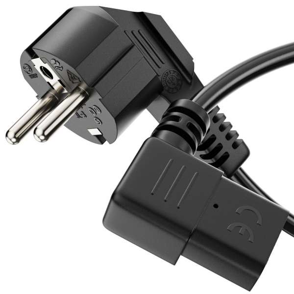 Netzkabel - Schutzkontakt Stecker 90° auf IEC Buchse (C13) 90° rechts abgewinkelt. Schwarz. 5,00m