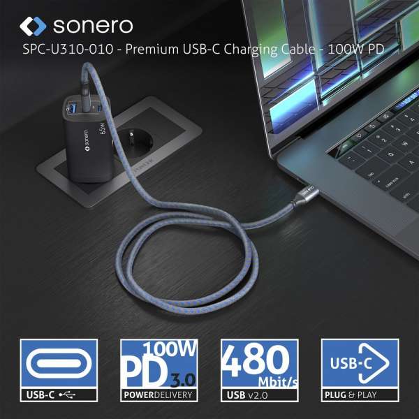 USB-C auf USB-C Ladekabel - USB 2.0, 100W PD - grau/blau - 1,00m