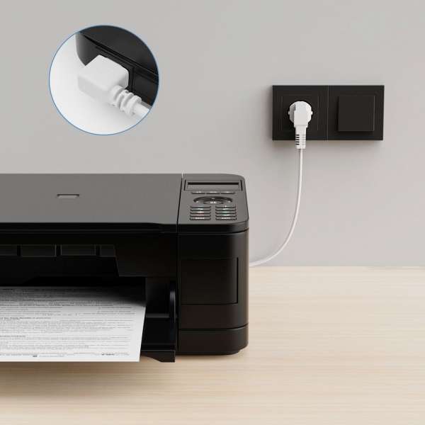 Netzkabel - Schutzkontakt Stecker 90° auf IEC Buchse (C13) 90° rechts abgewinkelt. Weiß. 5,00m