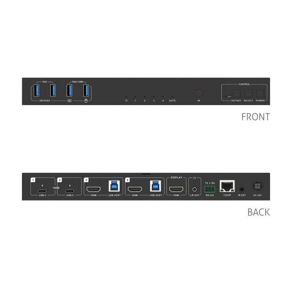 PureTools - 4x1 HDMI 2.1 KVM Switch - 48Gbps - KVM, Quad USB, schnelles Switchen Dual HDMI / Dual USB-C + 100W PD