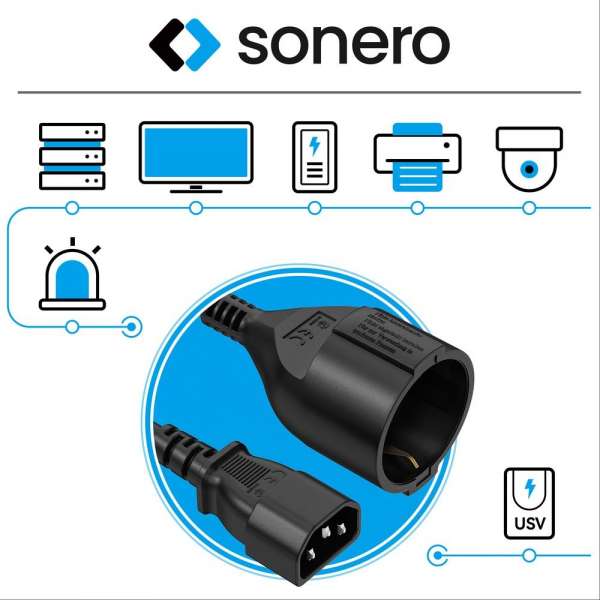 Netzkabel - Schutzkontakt Buchse gerade auf IEC Stecker (C14) gerade. Schwarz. 3,00m