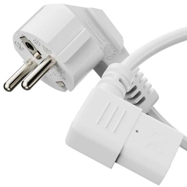 Netzkabel - Schutzkontakt Stecker 90° auf IEC Buchse (C13) 90° rechts abgewinkelt. Weiß. 5,00m