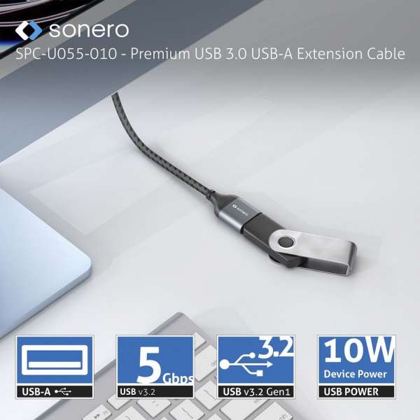 sonero USB 3.0 Kabel - A/A Verlängerung - Aluminium - space grey/schwarz - 2,00m