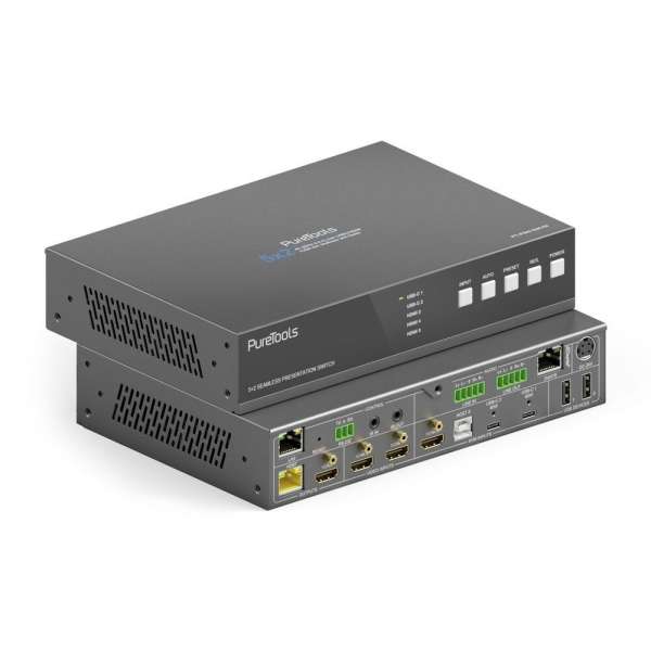 PureTools - PT-PSW-52KVM Transmitter - 18Gbps USB-C KVM-Switcher mit Dante und Multiview, 4K (60Hz 4:4:4) über USBC / HDMI+USB, inkl. Multiview und Dante