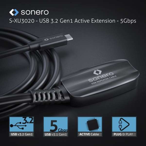sonero USB 3.2 Gen1x1 Aktive Verlängerung - C/A - schwarz - 10,00m