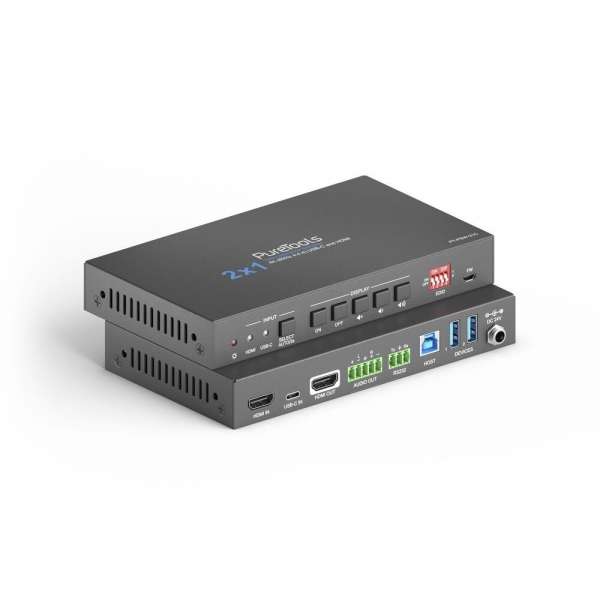 PureTools - 2x1 Telekonferenz Switcher USB C und HDMI Eingang und HDMI Ausgang, 4K (60Hz 4:4:4), USB-C Aufladung bis zu 40Wmit 2 Ports USB Hub und Aud