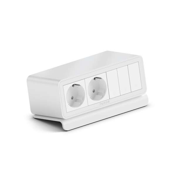 mediahub2 - 7 -Slot, freistehend, On-Table Design - weißes Gehäuse und mattweiße Module. 2 Steckdosen + 3 Leerplätze. Buchse - DE. Stecker - Wieland GST18
