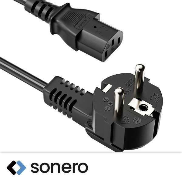 Netzkabel - Schutzkontakt Stecker 90° auf IEC Buchse (C13) gerade. Schwarz. 2,00m