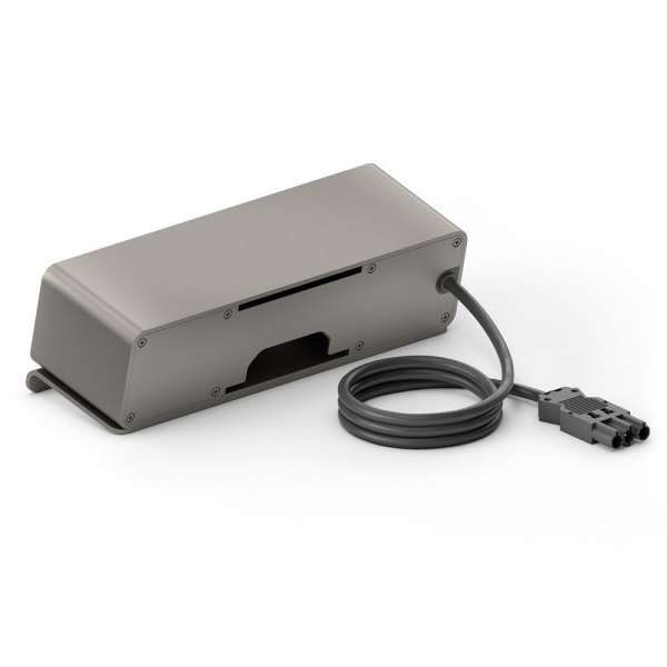 mediahub2 - 10 -Slot, freistehend, On-Table Design - space-grey Gehäuse und mattschwarze Module. 3 Steckdosen + 4 Leerplätze. Buchse - DE. Stecker - Wieland GST18