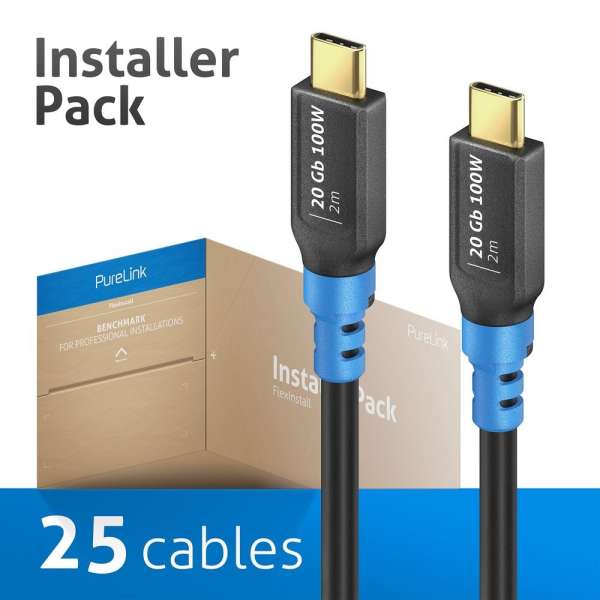 FlexInstall USB-C auf USB-C Kabel USB4 Gen2x2 20Gbps 100W 2.00m - Installer Pack 25 stk.