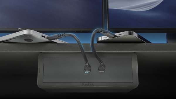mediahub2 - USB-C Docking Station, freistehend, Tischmodell - schwarzes Gehäuse und matt-schwarze Module.